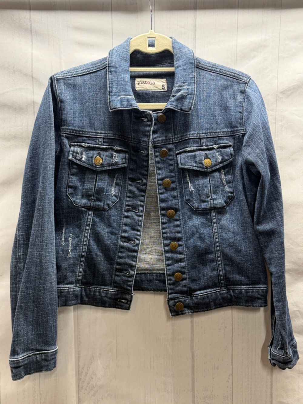 Pistola Blue Distressed Denim Trucker Button Up Jean Jacket Size Small